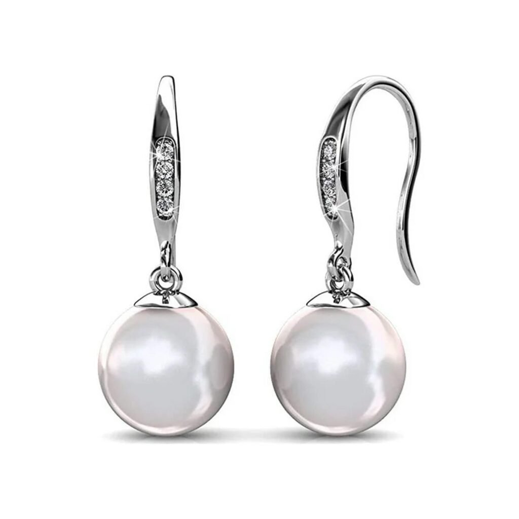 Cate & Chloe Betty 18k White Gold Plated Pearl Earrings with Crystals _ Women\\\'s Drop Earrings, Gift for Her