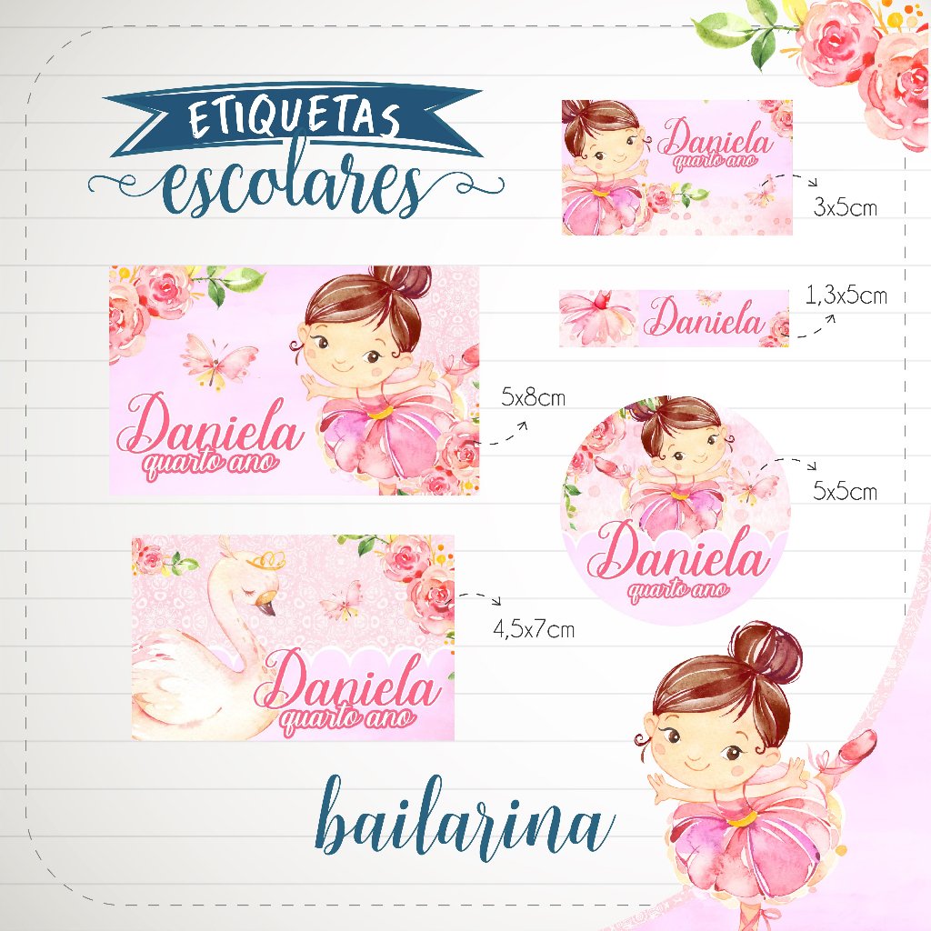 150 Etiquetas Escolares Vinil Adesivo Prova d´água Bailarina Personalizadas