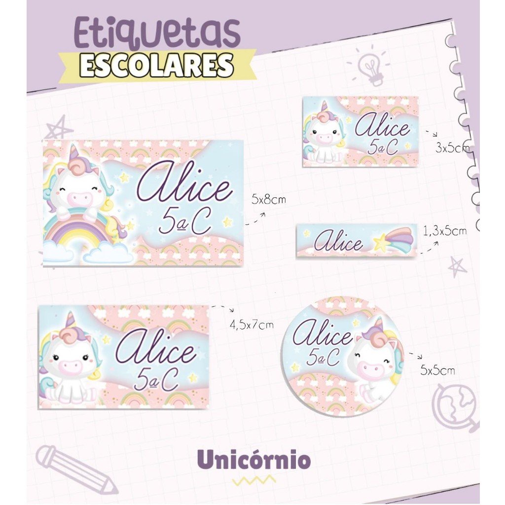 150 Etiquetas Adesivas Escolares Unicórnio Personalizadas