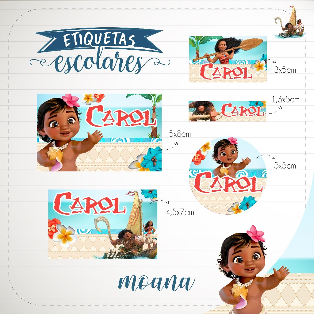 150 Etiquetas Escolares Moana Baby Vinil Prova d´água Personalizadas