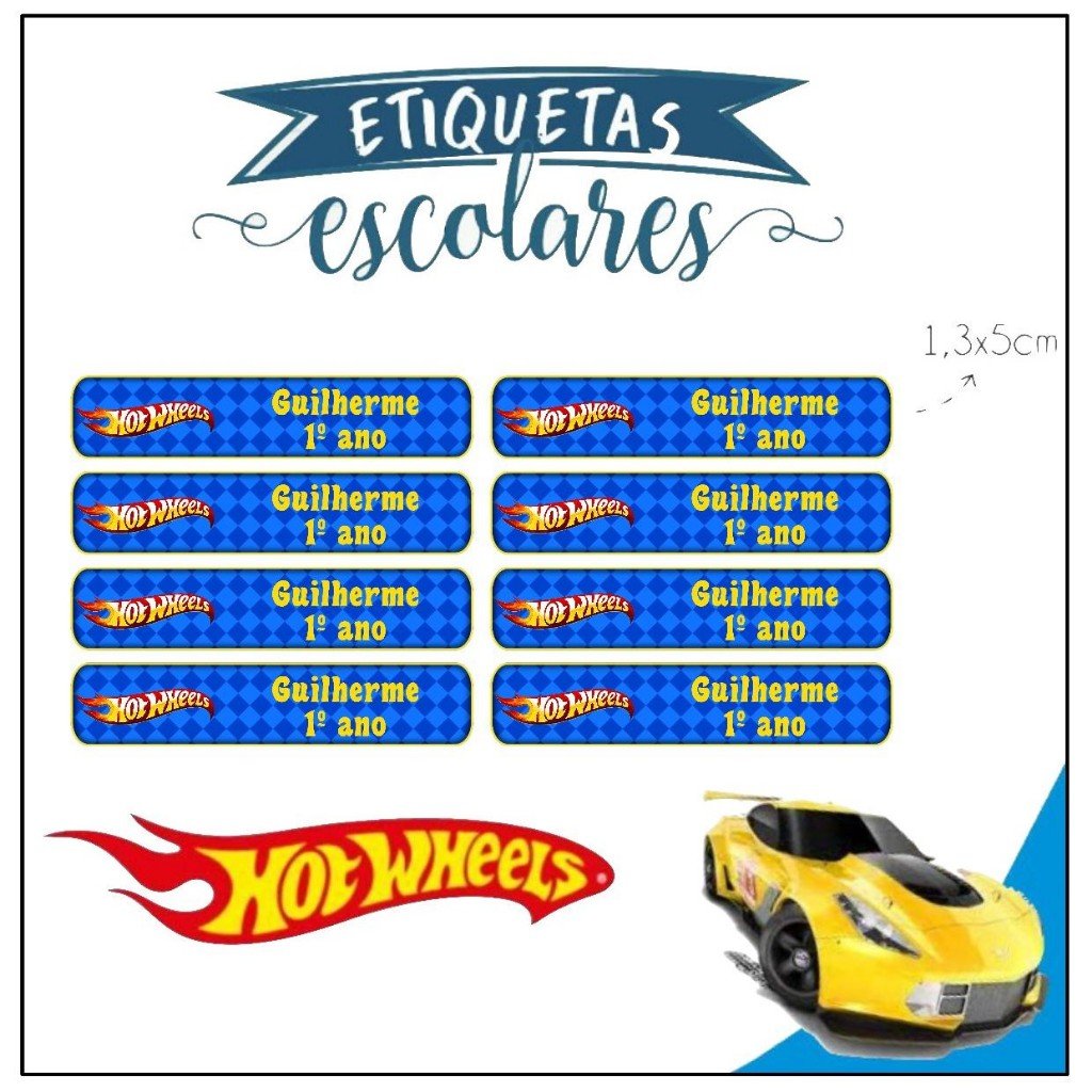 224 Etiquetas Adesivas 1,3x5cm Escolares HotWheels 1 Personalizadas