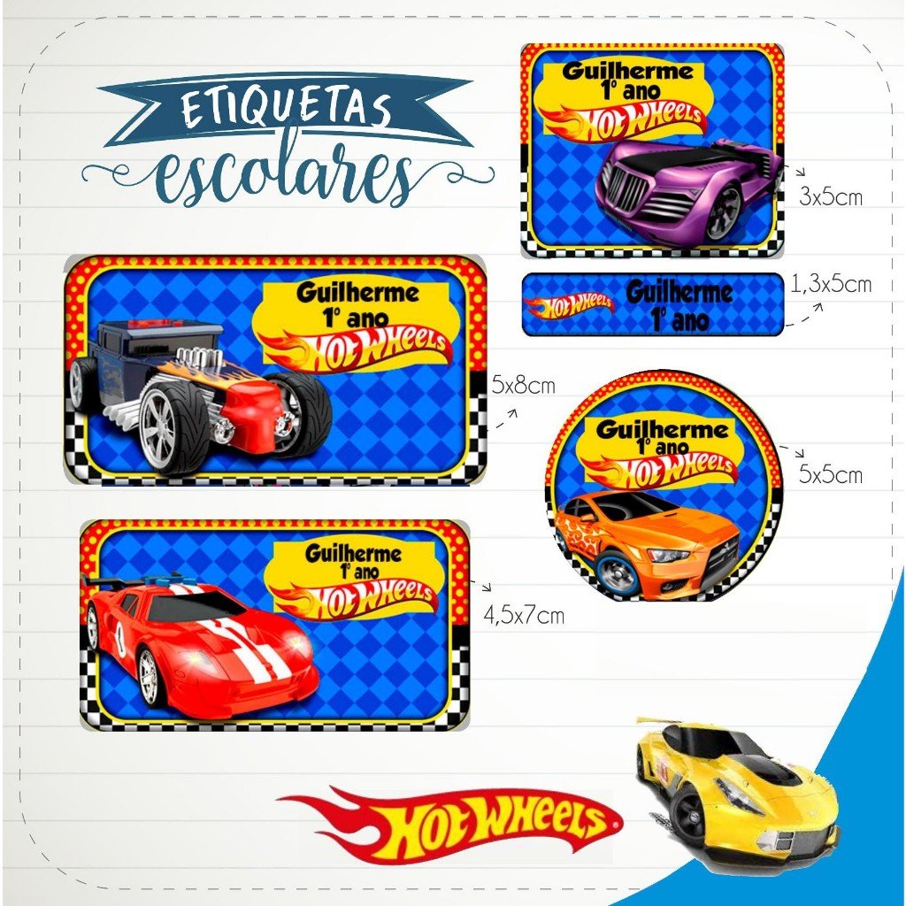 150 Etiquetas Escolares Vinil Adesivo a Prova D'água Hot Wheels 1 Personalizadas