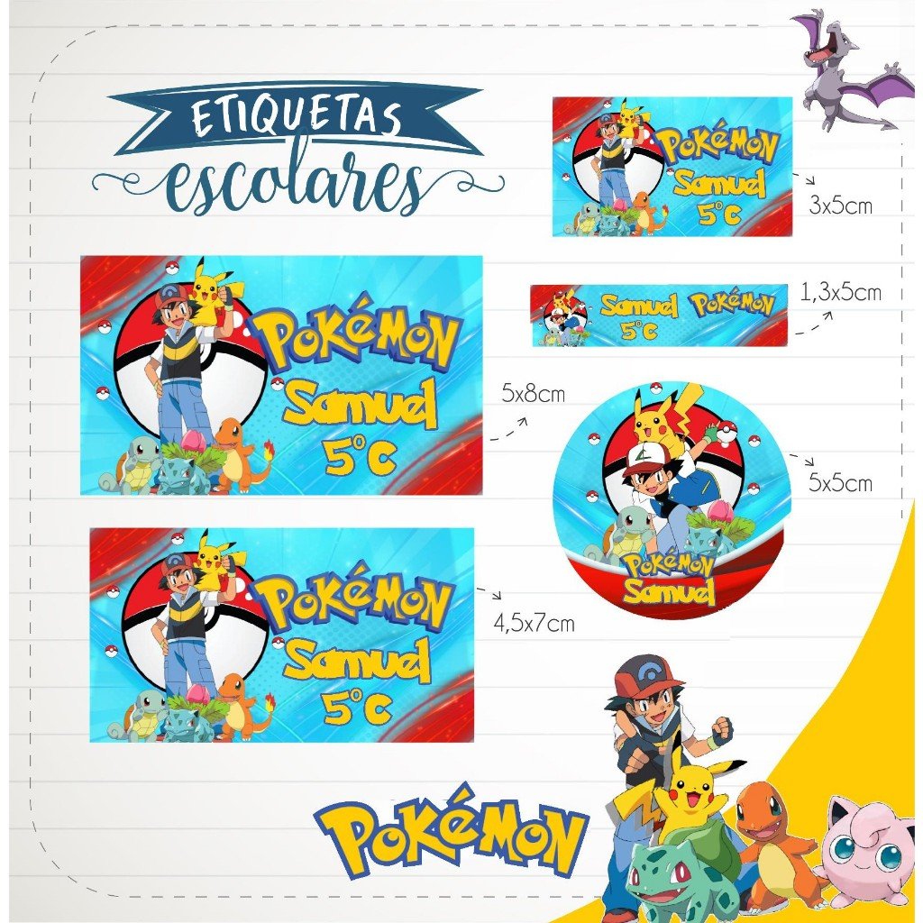 150 Etiquetas Adesivas Escolares Pokémon Personalizadas