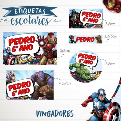 150 Etiquetas Escolares Vinil Adesivo Prova d´água Vingadores Personalizadas
