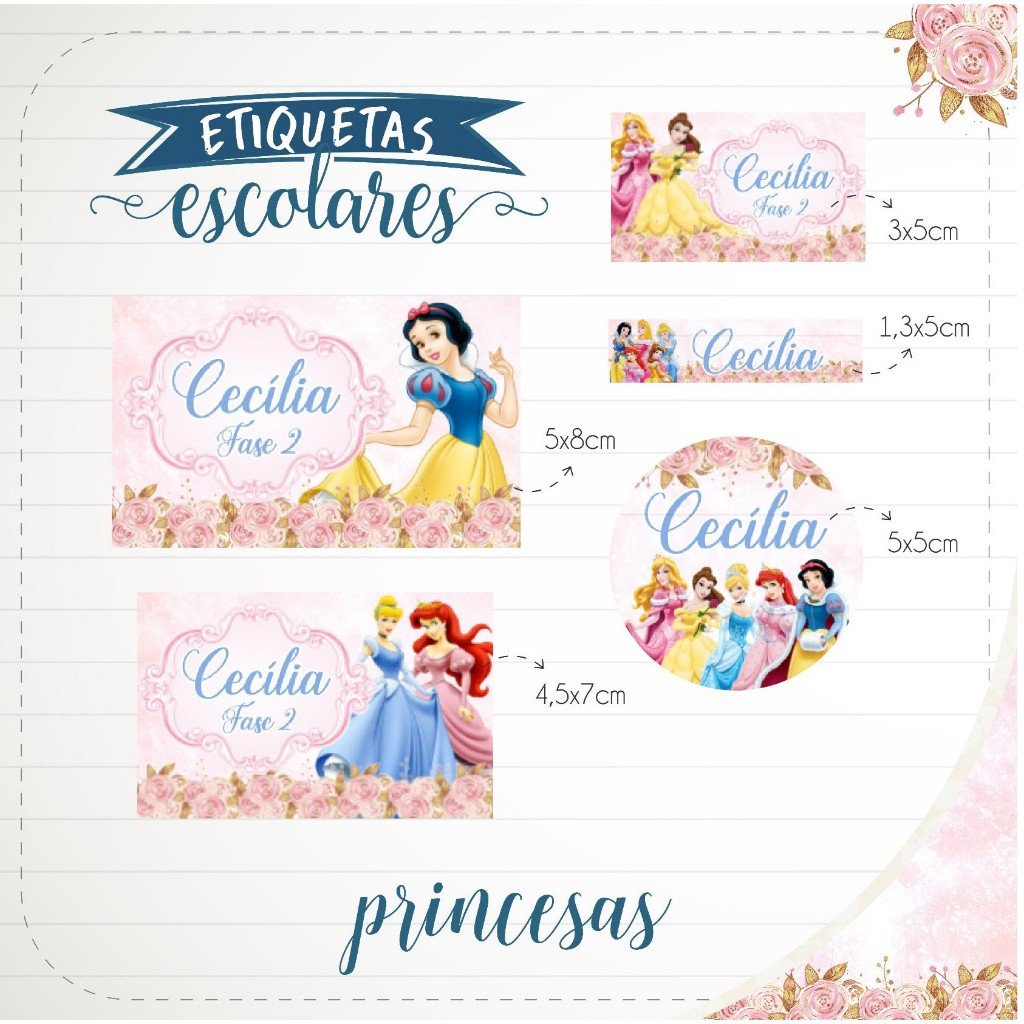 150 Etiquetas Adesivas Escolares Princesas Personalizadas