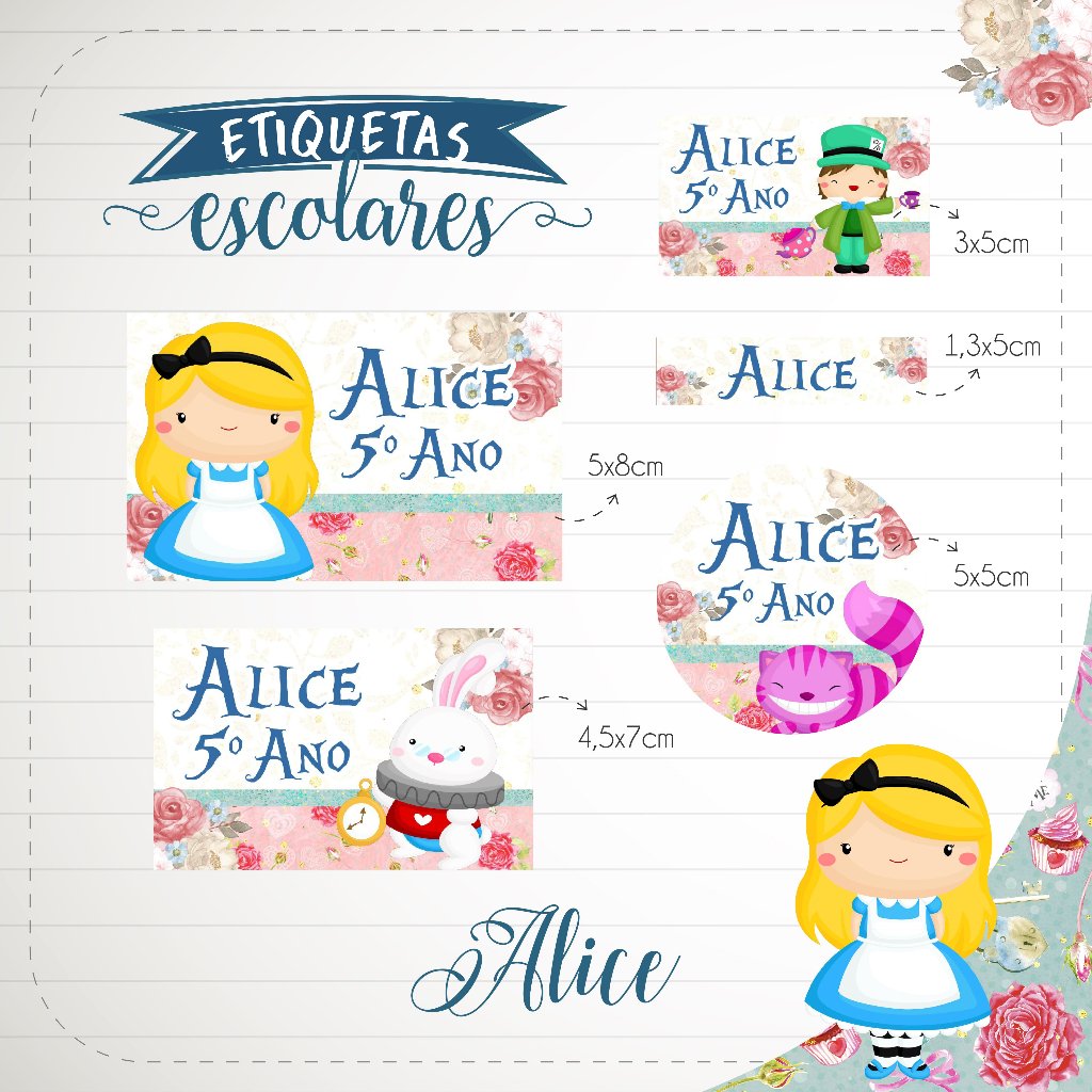 150 Etiquetas Adesivas Escolares Alice Personalizadas
