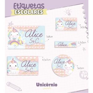 150 Etiquetas Escolares Vinil Adesivo Prova d´água Unicórnio Personalizadas