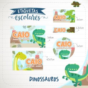 75 Etiquetas Escolares Vinil Adesivo a Prova D'água Dinossauros Personalizadas