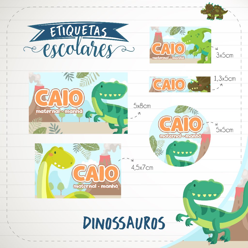 75 Etiquetas Escolares Vinil Adesivo a Prova D'água Dinossauros Personalizadas