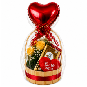 Cesta Romântica com Ferrero Rocher Flores e Pelúcia