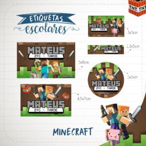 150 Etiquetas Escolares Vinil Prova d´água Minecraft Personalizadas